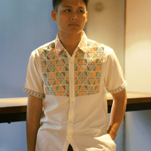 Yakan Cream Polo Shirt with Weave Sleeve Accents