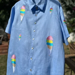 Sorbetes Embroidered Button-Down Blue Shirt – Filipino Ice Cream Shirt
